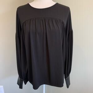 Ann Taylor black long sleeve blouse faux leather cuffs Size Largeaa